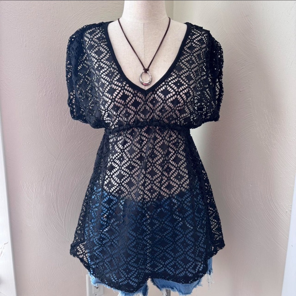 Miken Black Crochet Lace Tunic Beach Coverup